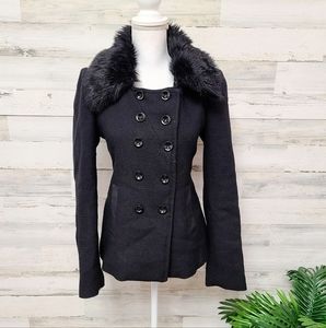 Guess Black Fur Trim Double Breasted Button Coat Jacket